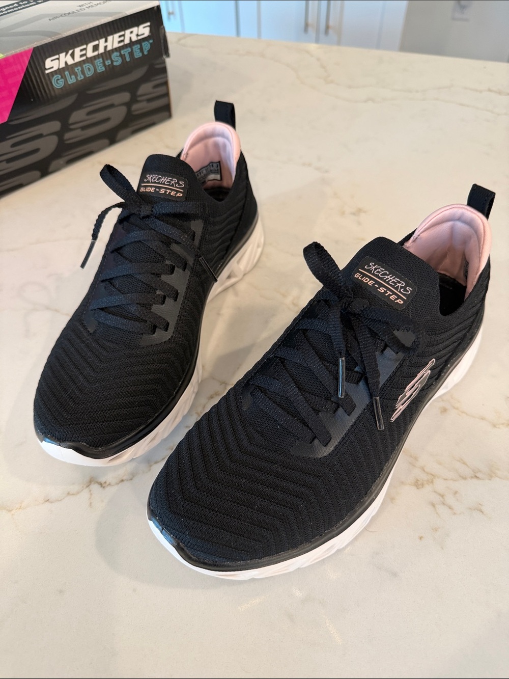 Skechers Women's Black Knit Glide Step Athletic Sneaker with Pink Lining